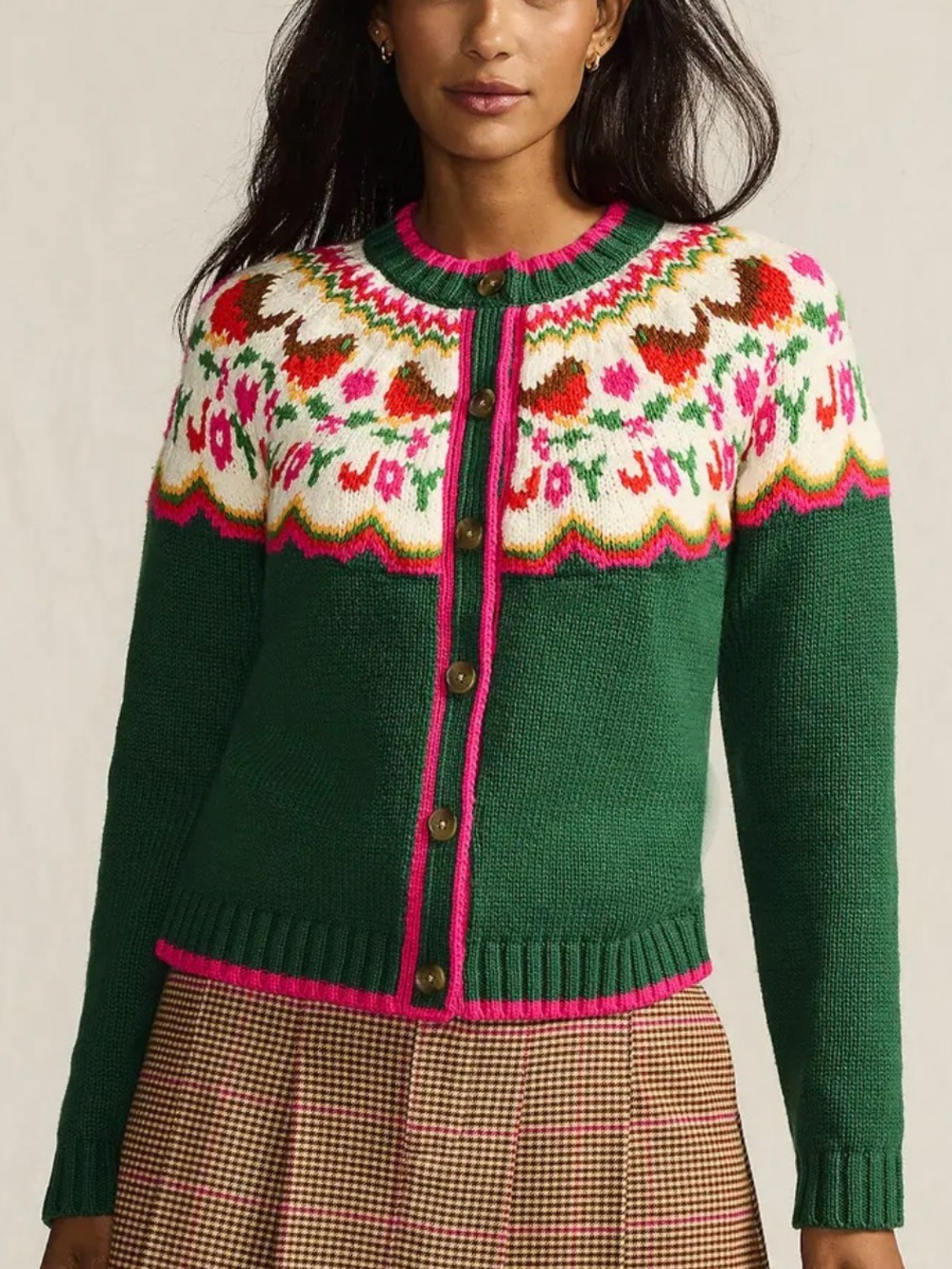 Lands’ End Lofty Birdseye Fair Isle Cardigan Sweater XL Green/Pink Grandmacore - Picture 2 of 8